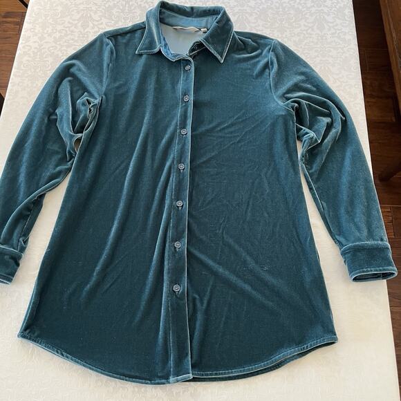 Soft Surroundings Womens Velvet Button Front Top XS Teal Green Stretch Colorful - Picture 2 of 11
